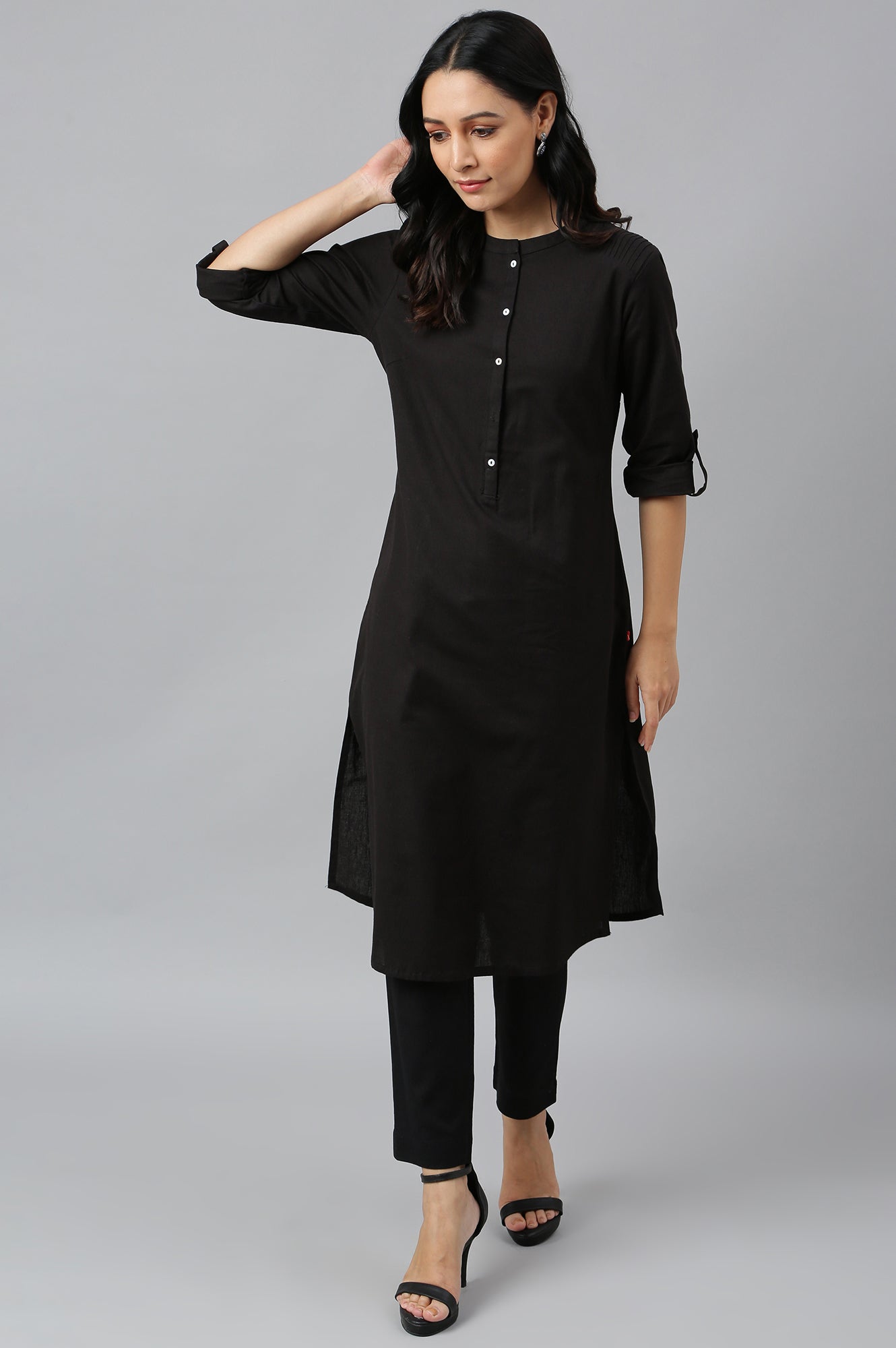 W for Woman Jet Black Half Placket Shirt kurta