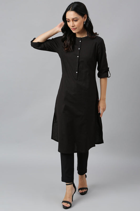 W for Woman Jet Black Half Placket Shirt kurta