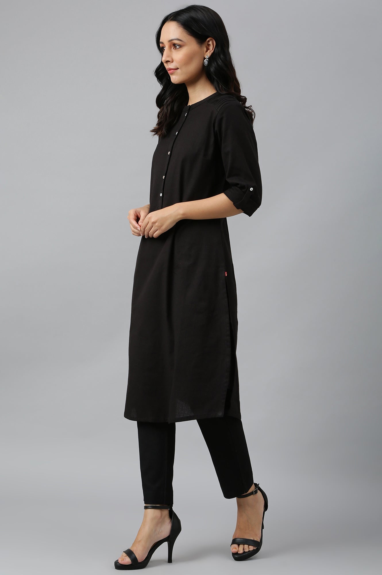 W for Woman Jet Black Half Placket Shirt kurta