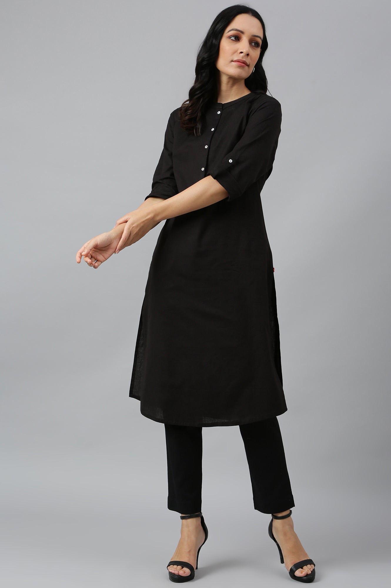 W for Woman Jet Black Half Placket Shirt kurta