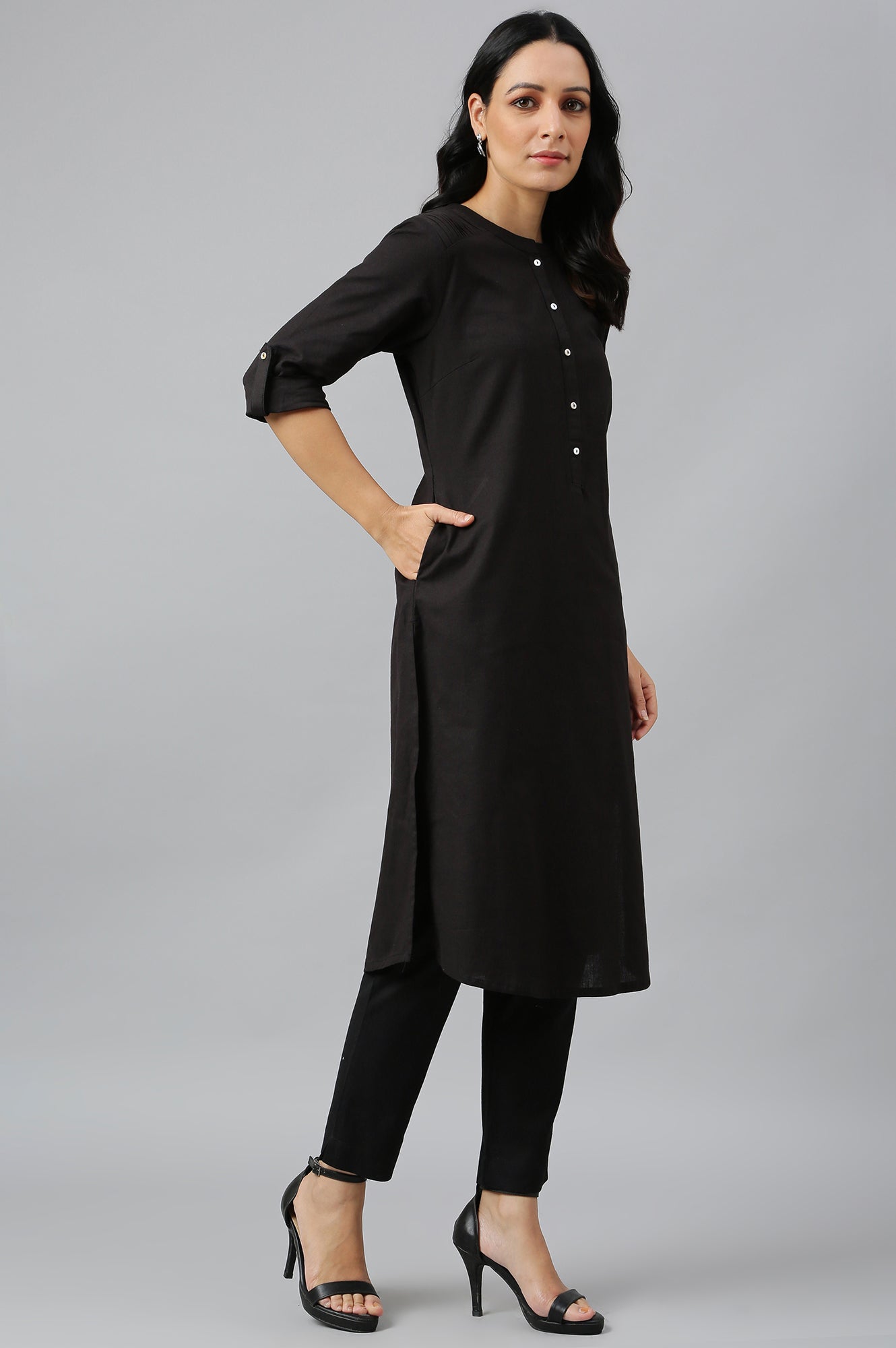 W for Woman Jet Black Half Placket Shirt kurta