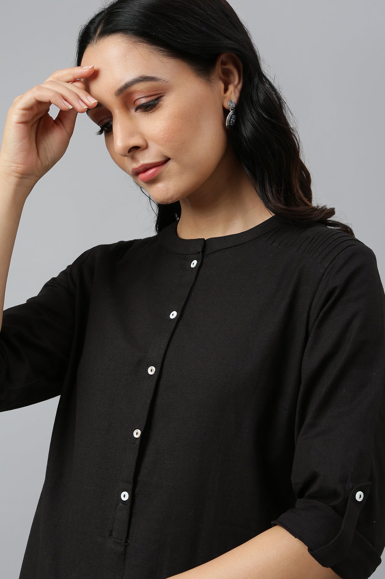 W for Woman Jet Black Half Placket Shirt kurta
