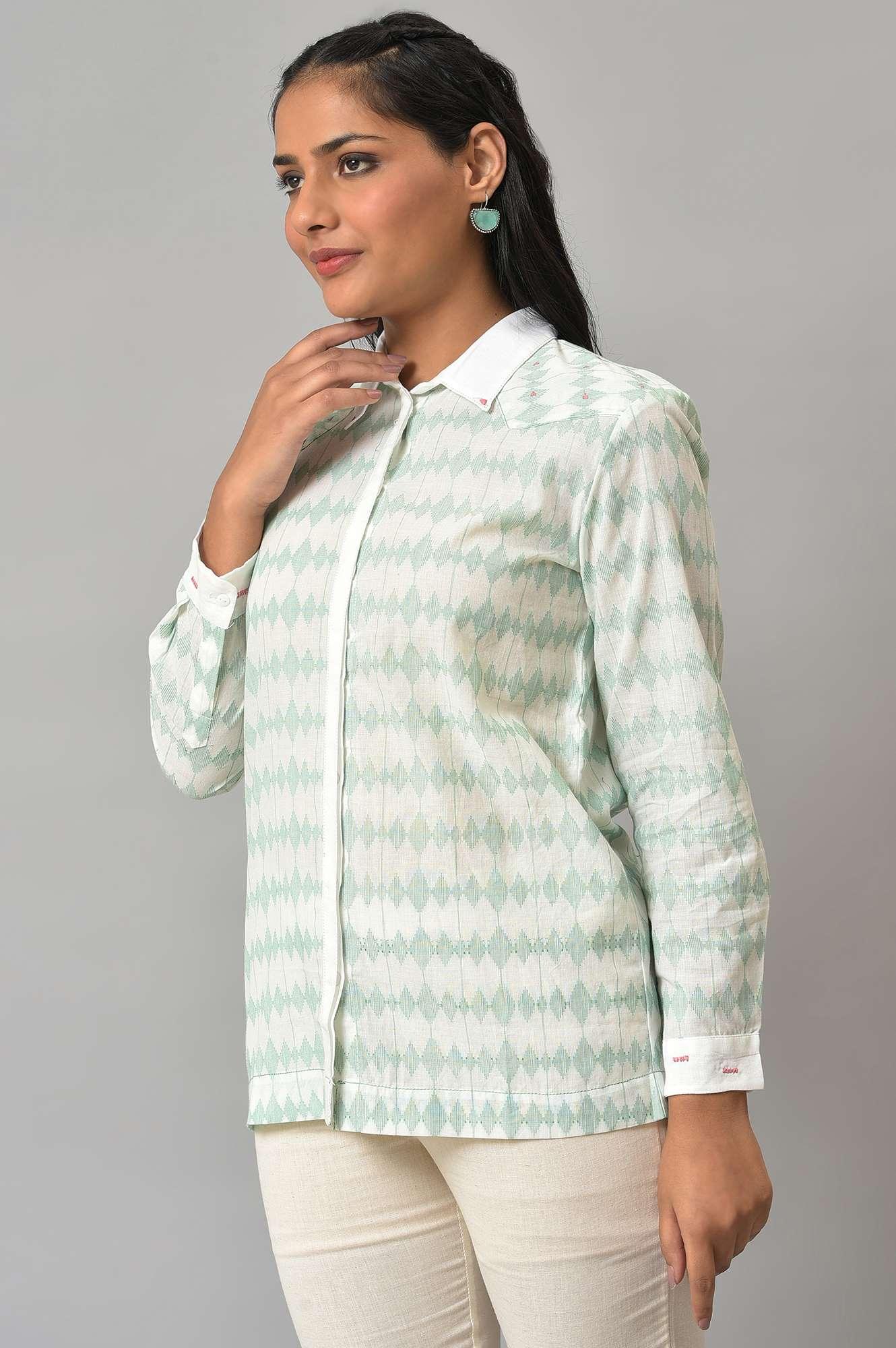 W for Woman White And Green Dobby Textured Shirt  Grab2Buy WforWoman Grab2Buy