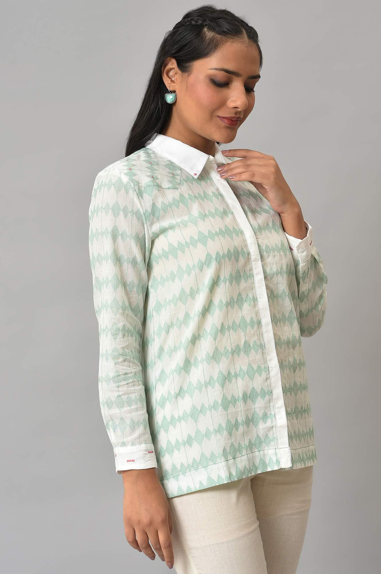 W for Woman White And Green Dobby Textured Shirt  Grab2Buy WforWoman Grab2Buy