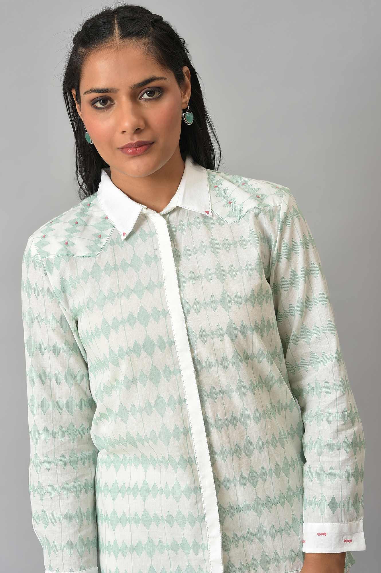W for Woman White And Green Dobby Textured Shirt  Grab2Buy WforWoman Grab2Buy