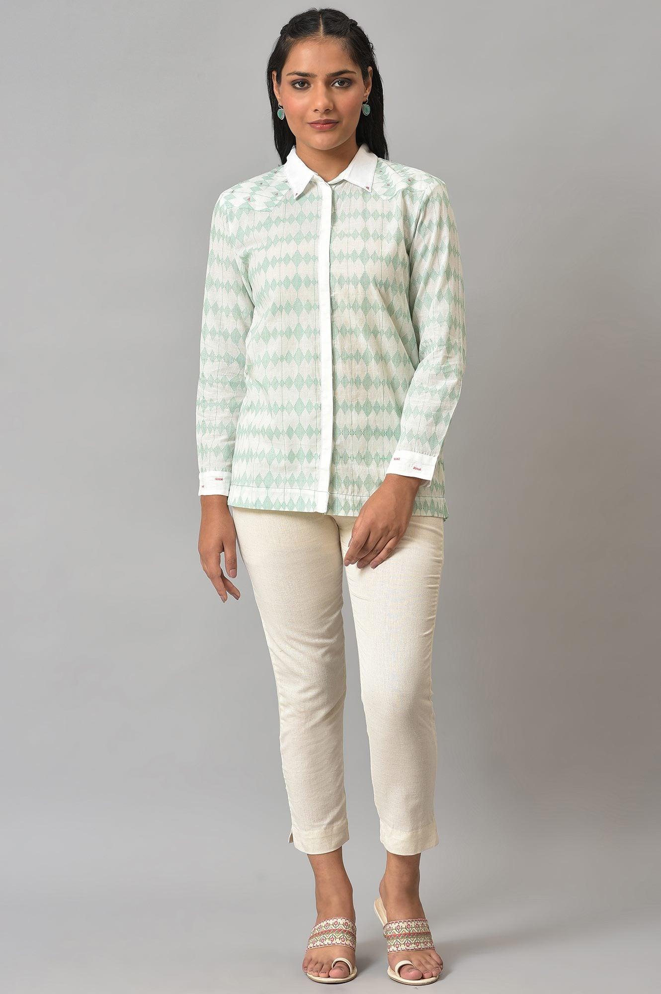 W for Woman White And Green Dobby Textured Shirt  Grab2Buy WforWoman Grab2Buy