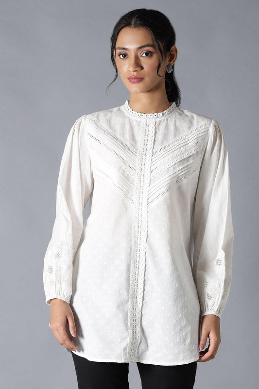 W for Woman White Top With Lace And Applique Embroidered Sleeves
