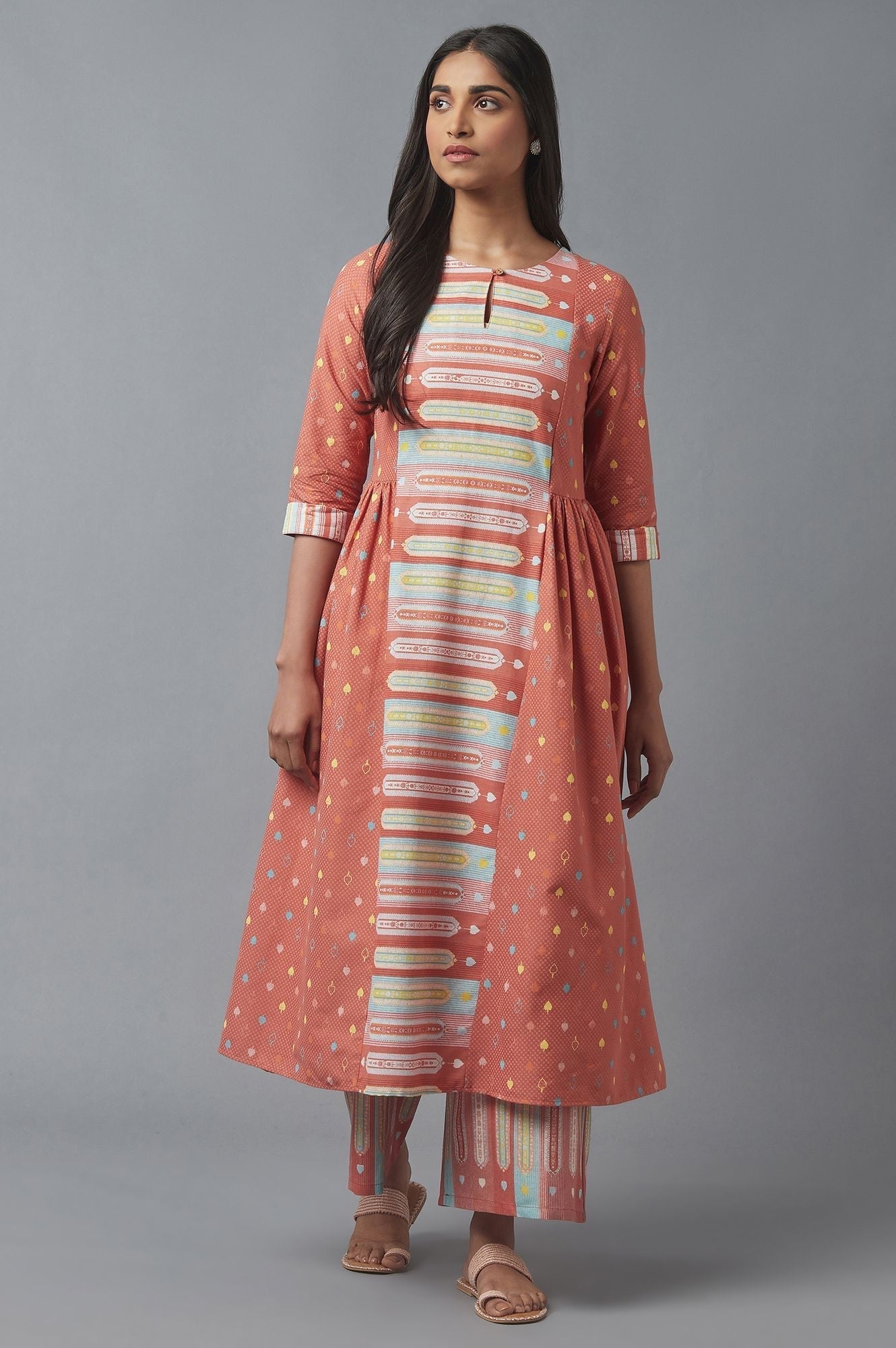 W for Woman Orange Solid Printed Pure Cotton Straight Kurta with Parallel Pant Set