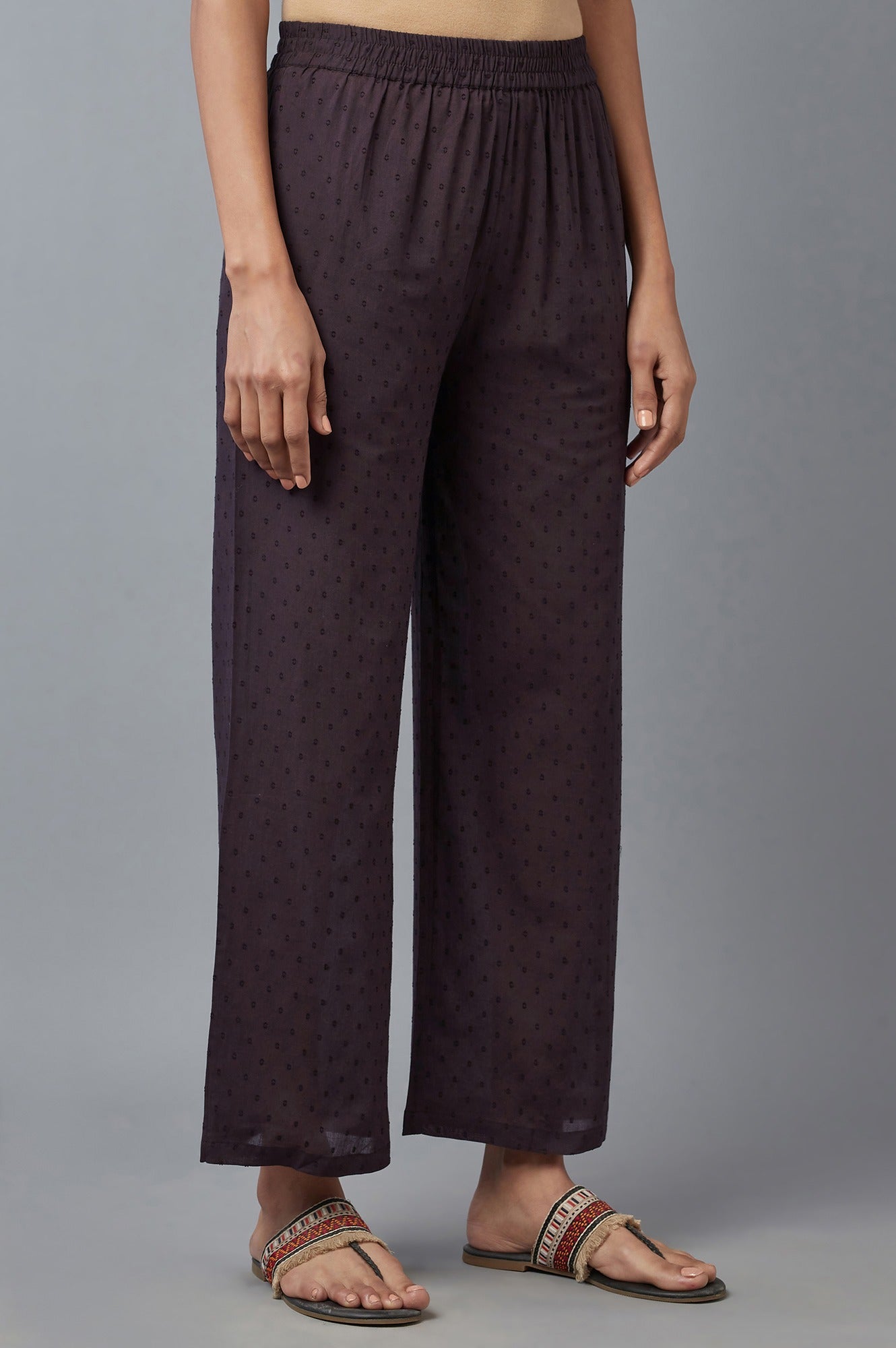 W for Woman Dark Brown Printed Coins Rayon A-Line Kurta and Parallel Pant Set