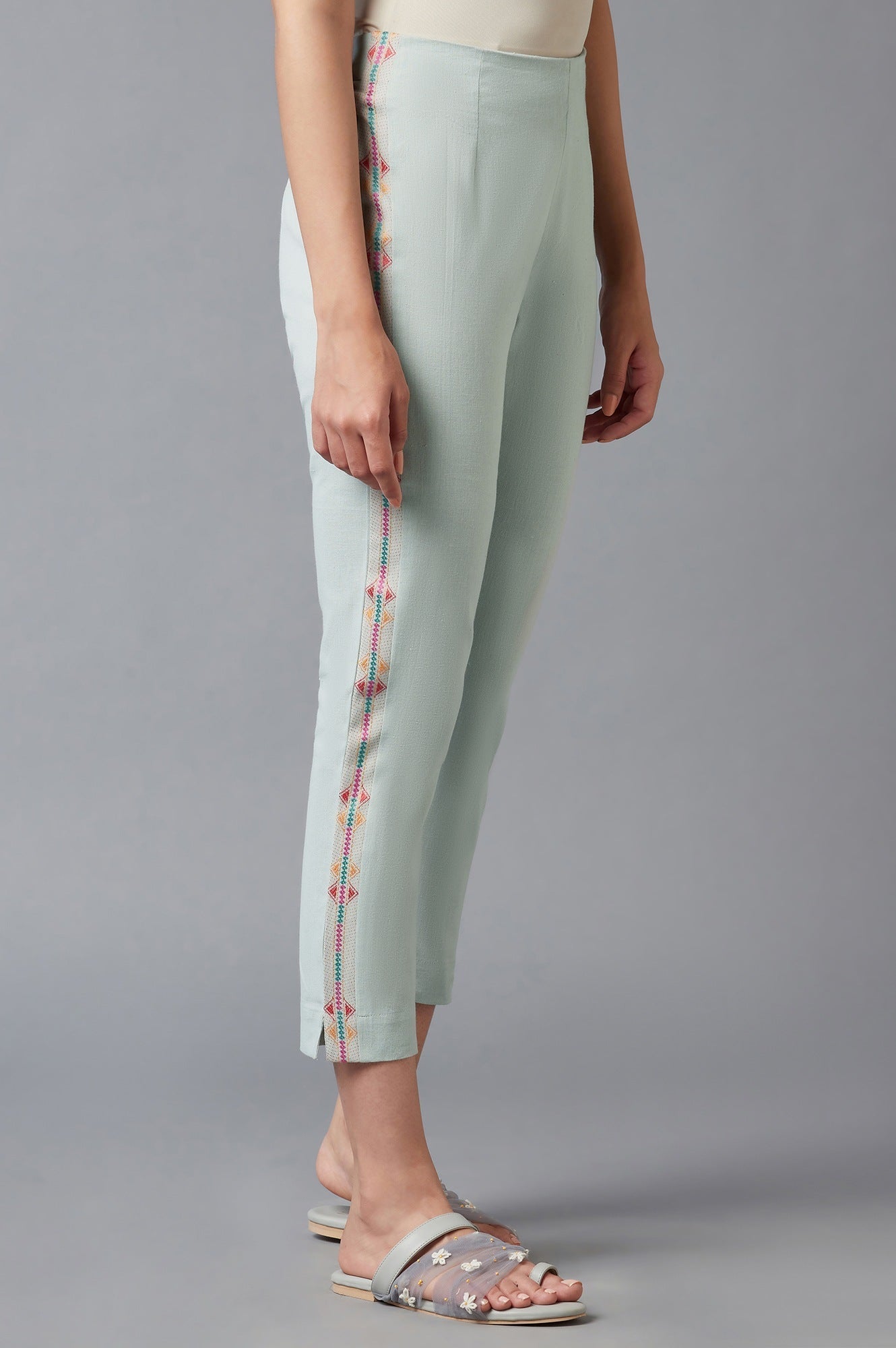 W for Woman Blue Cotton Flax Solid Slim Pants