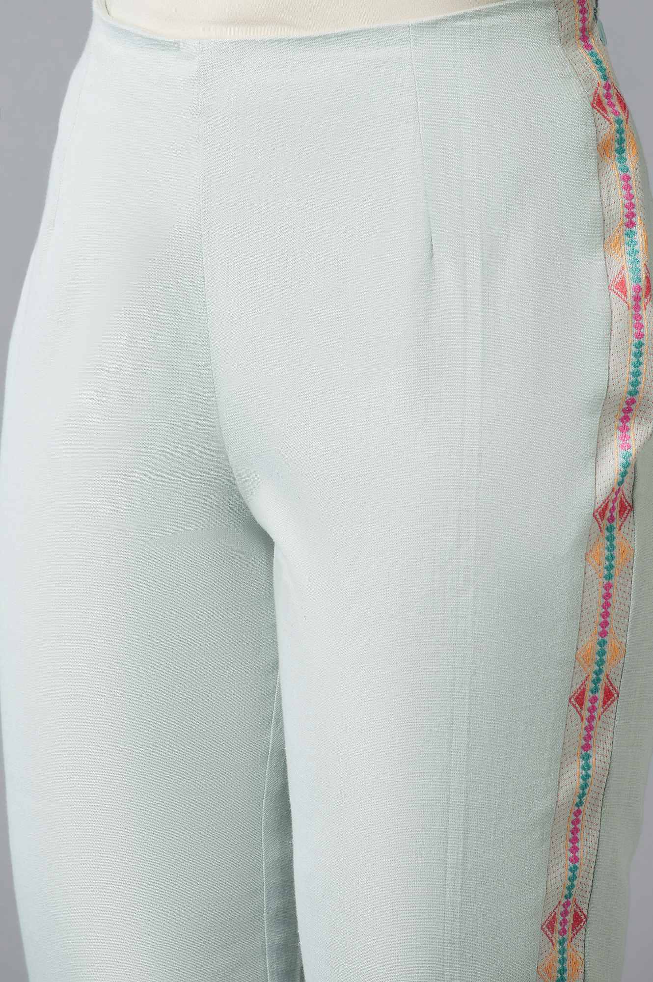 W for Woman Blue Cotton Flax Solid Slim Pants