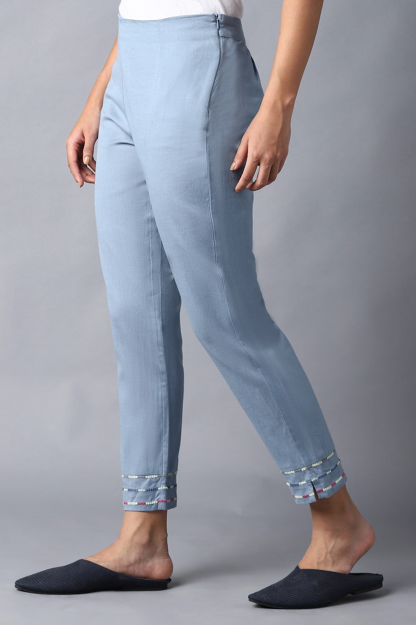 W for Woman Blue Cotton Flax Solid Slim Pants