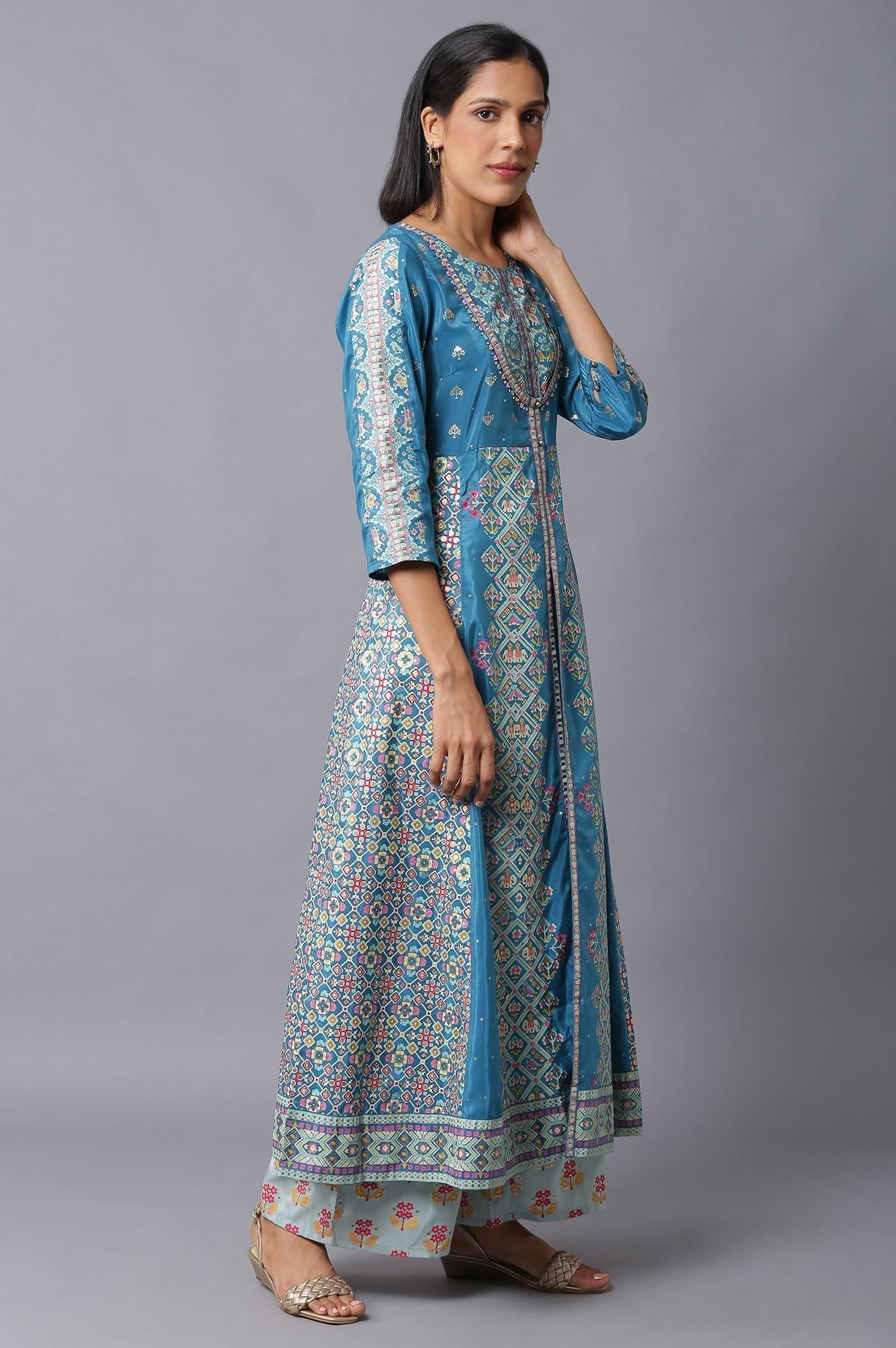 W for Woman Blue Glitter Printed A-Line kurta With Slim Pants