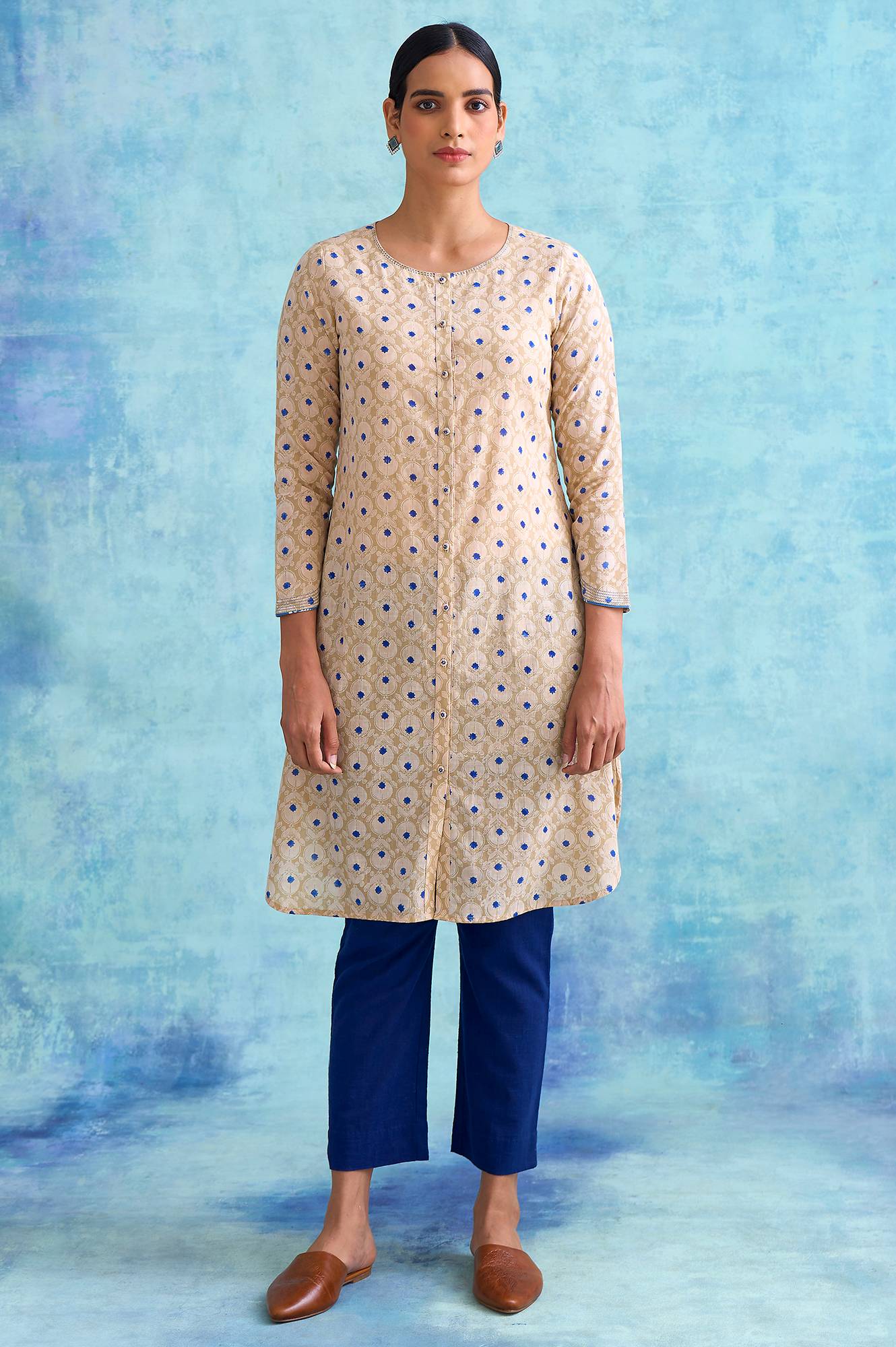 W for Woman Folksong By W Beige Handblock Print Slub kurta