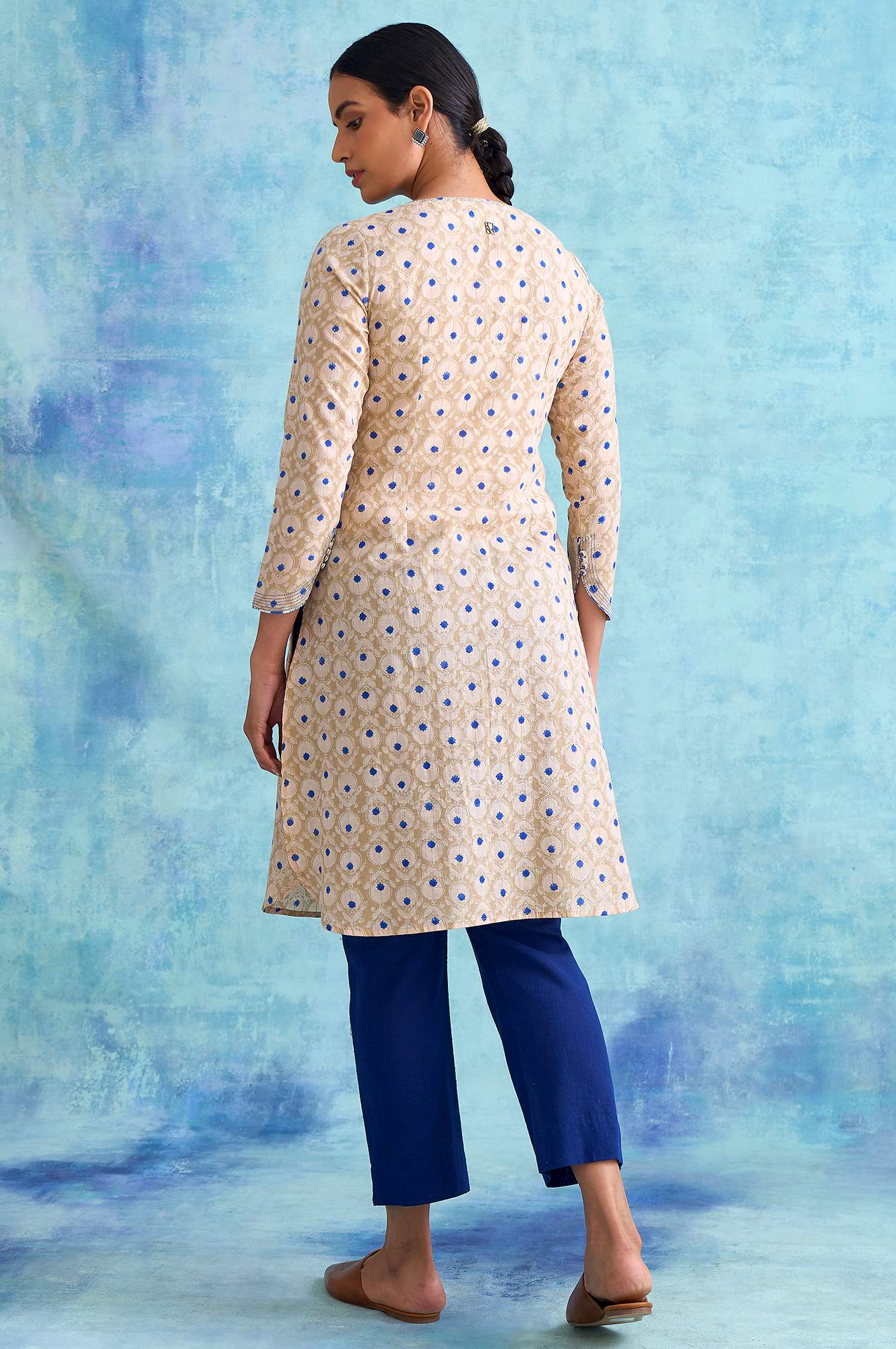 W for Woman Folksong By W Beige Handblock Print Slub kurta