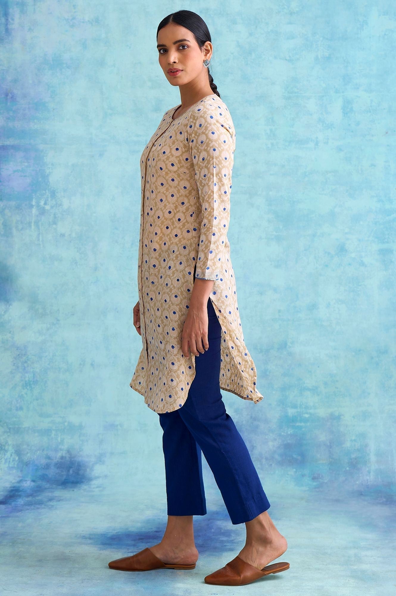 W for Woman Folksong By W Beige Handblock Print Slub kurta