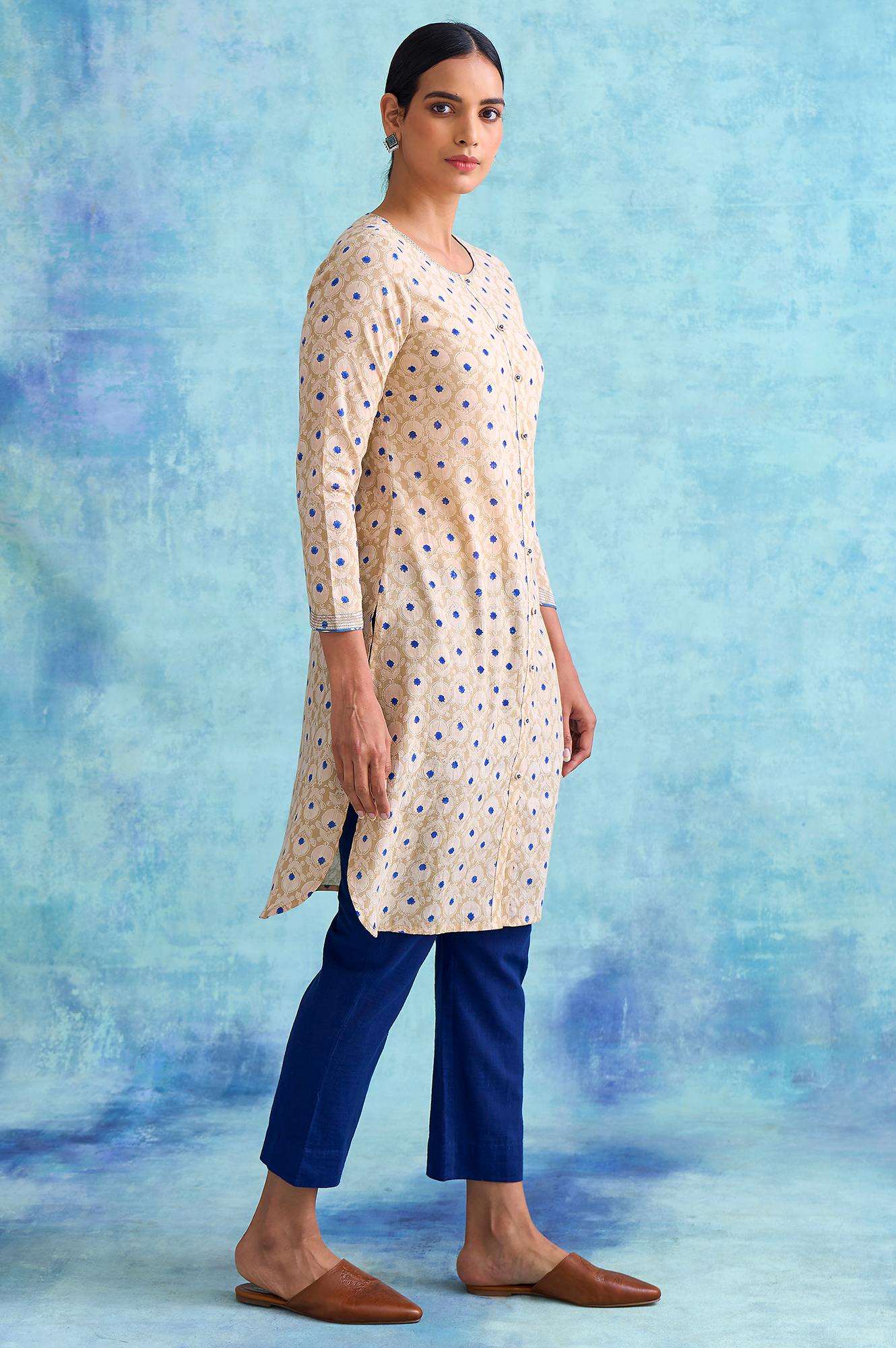 W for Woman Folksong By W Beige Handblock Print Slub kurta