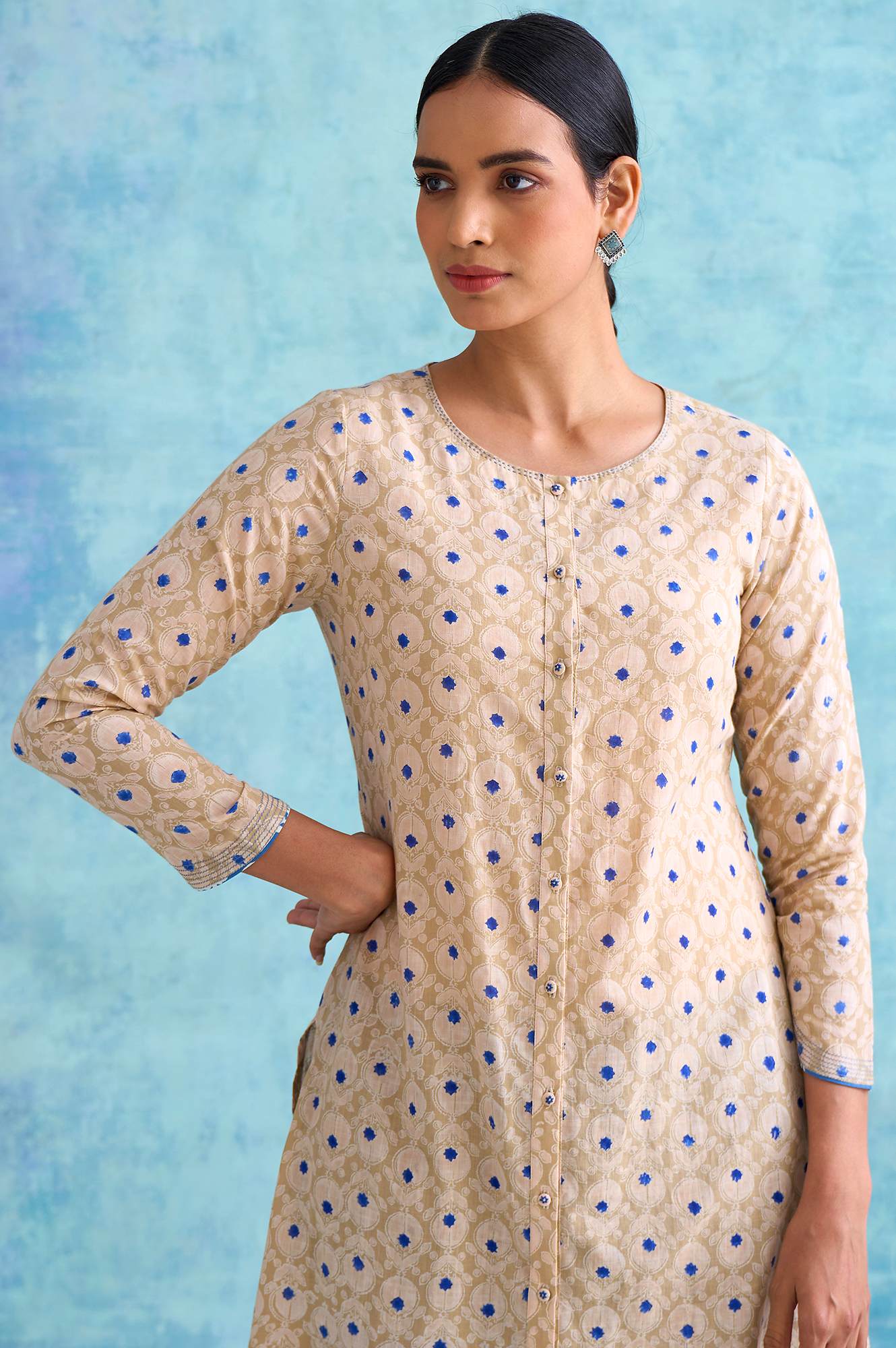 W for Woman Folksong By W Beige Handblock Print Slub kurta