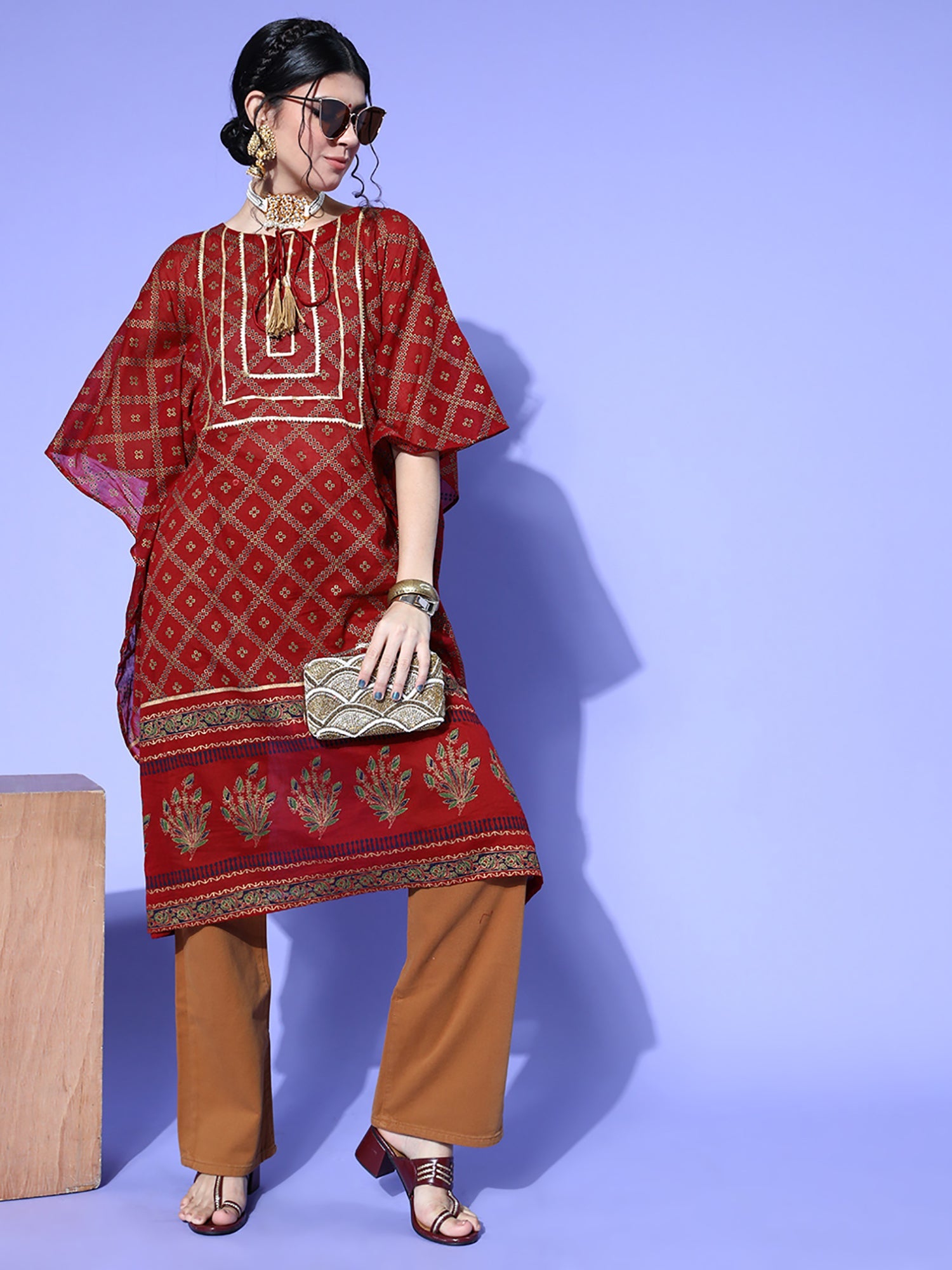 Indo Era Red Printed Kuftan Kurta