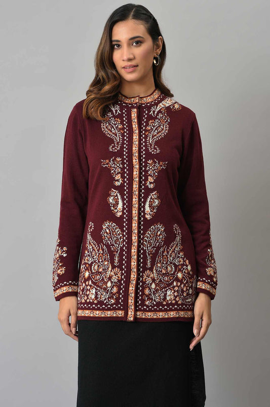 W for Woman Wine Paisley Printed Short Cardigan