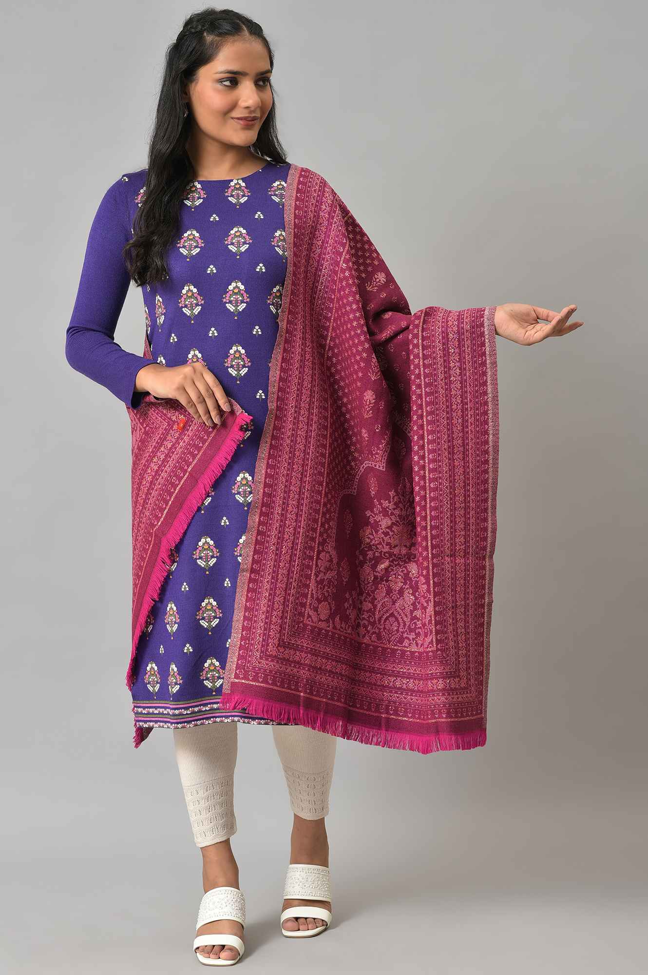 W for Woman Dark Green Acrylic Floral Print Dupatta