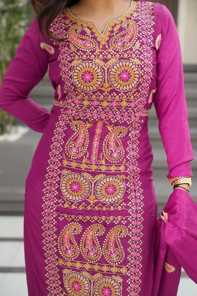 Joban Fashion Magenta Kurta Set Silk Sequins , Zari, Coding & Thread Embroidered work