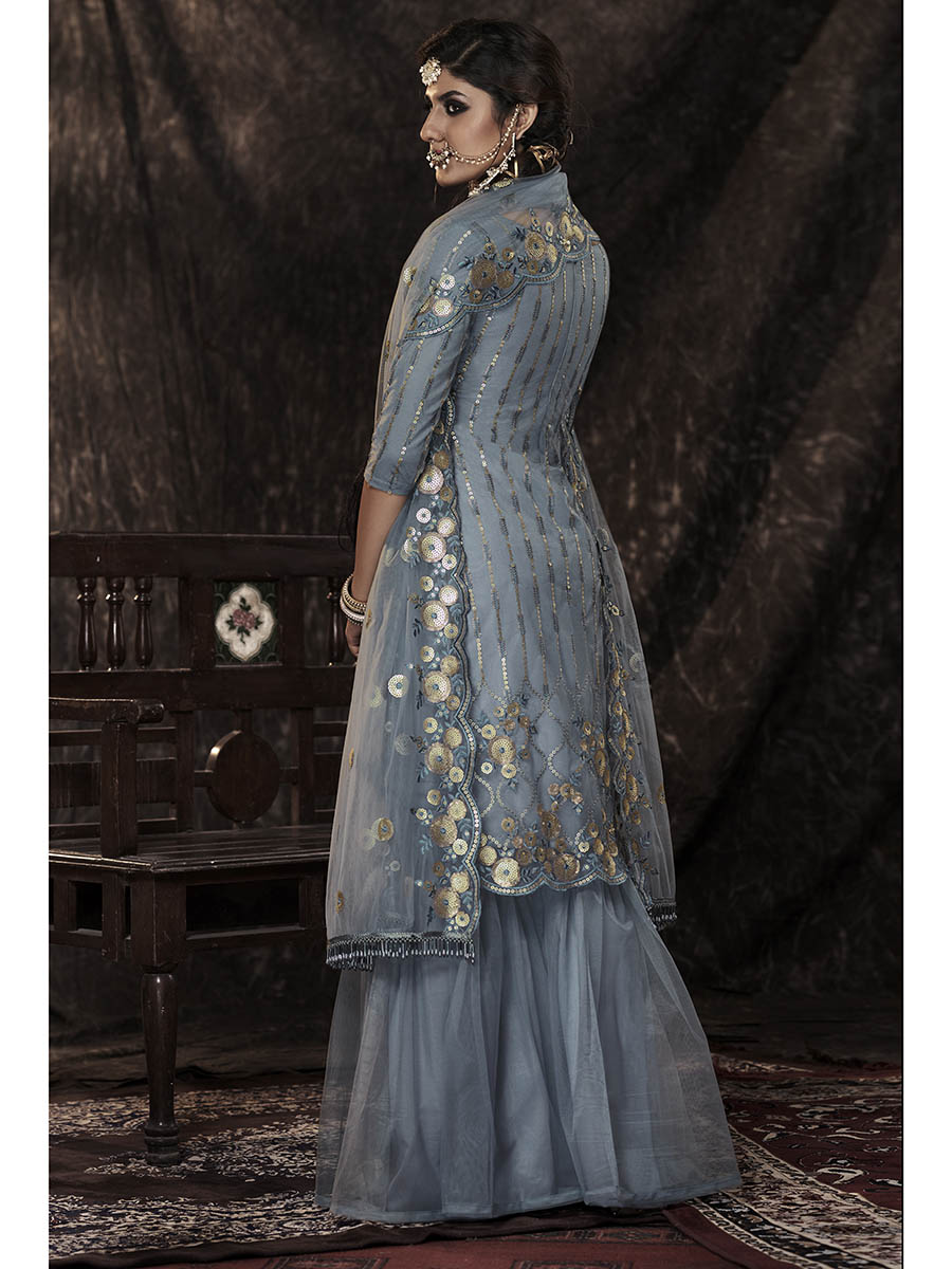 Myra Grey Net Embroidered Sharara Suit 