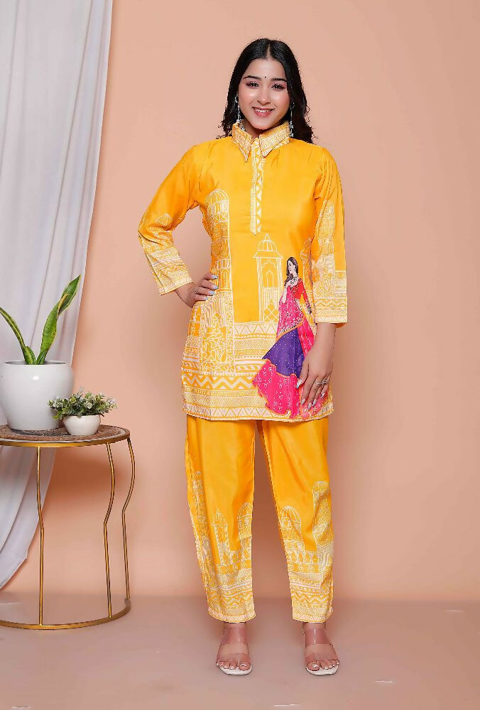 Miravan Womens Yellow Digital Printed Kurta Set