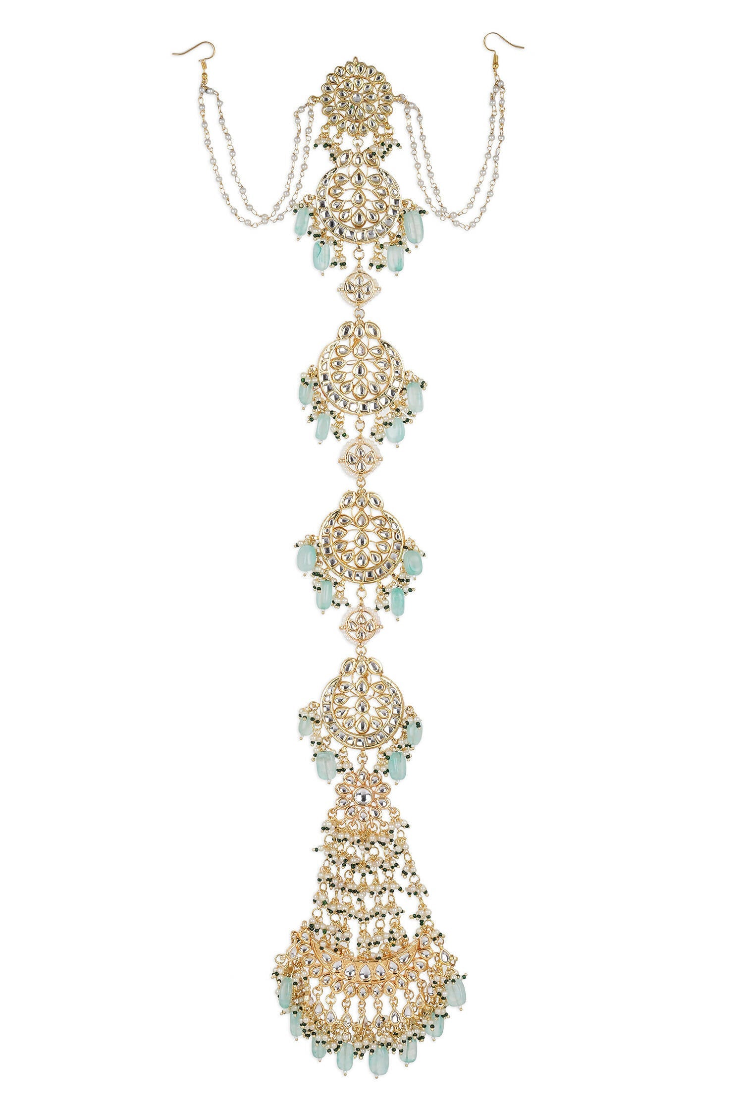 Gold-Plated White Blue Kundan-Studded Pearl Beaded Matha Patti - Ruby Raang - Grab2buy