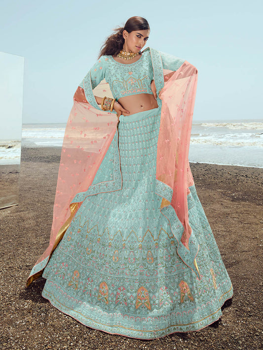 Myra Turquoise Georgette Embroidered Designer Lehenga Choli