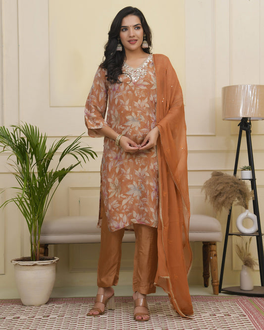 Vaasva Women Rust Tissue Shimmer Kurta With Silk Pant & Dupatta 