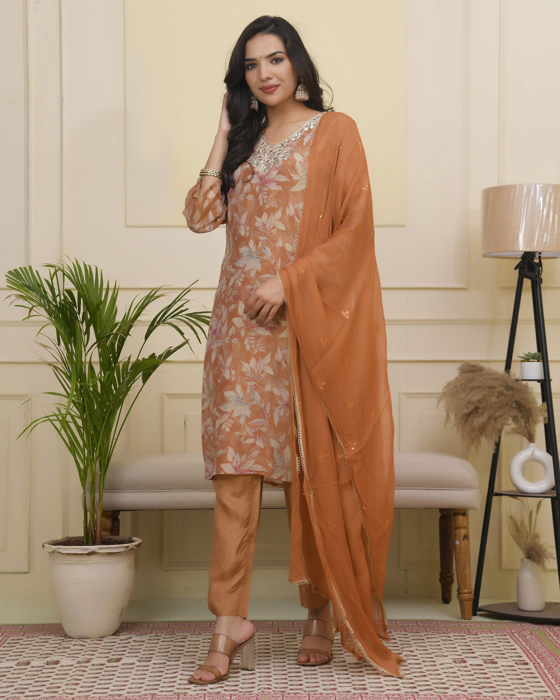 Vaasva Women Rust Tissue Shimmer Kurta With Silk Pant & Dupatta 