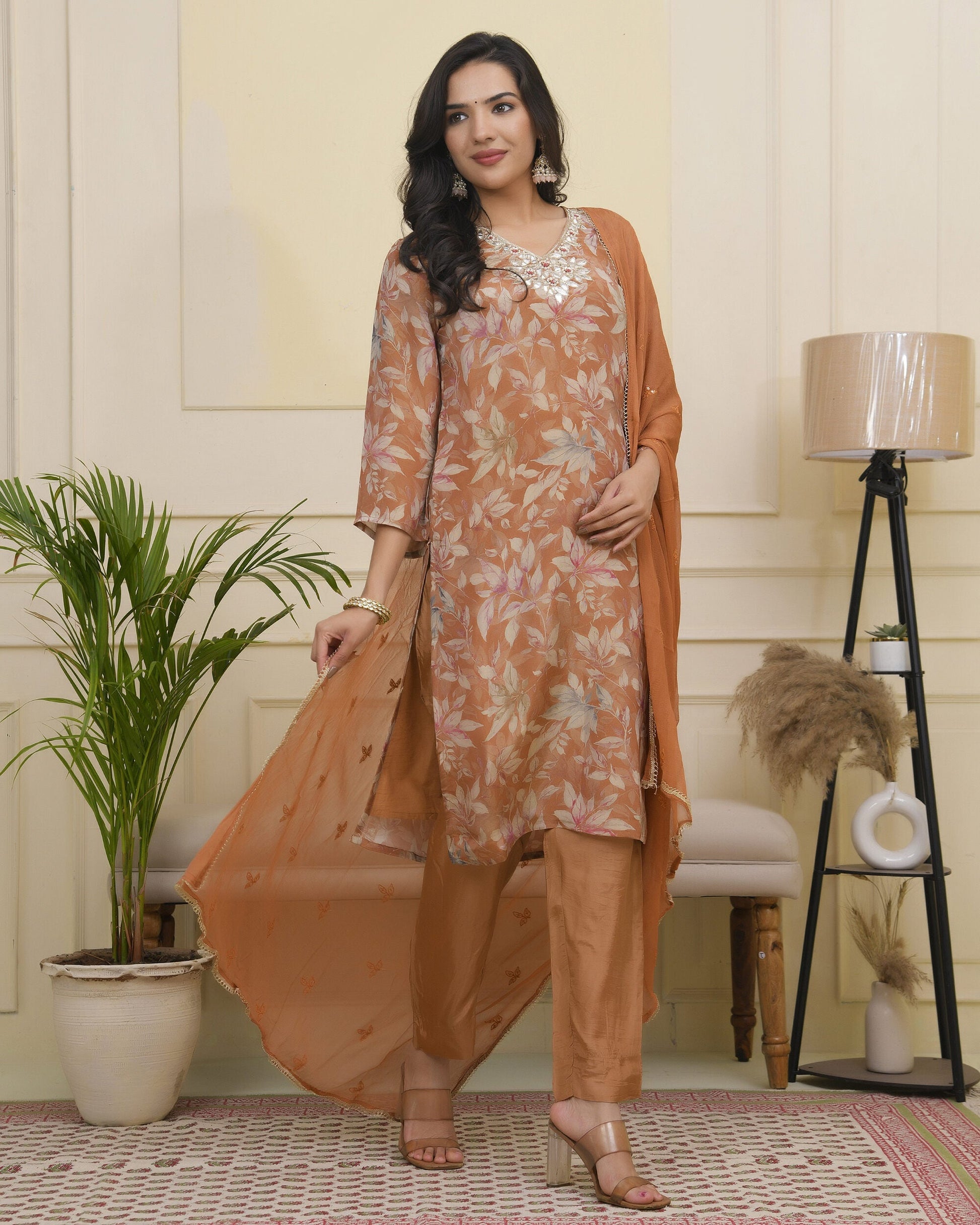 Vaasva Women Rust Tissue Shimmer Kurta With Silk Pant & Dupatta 