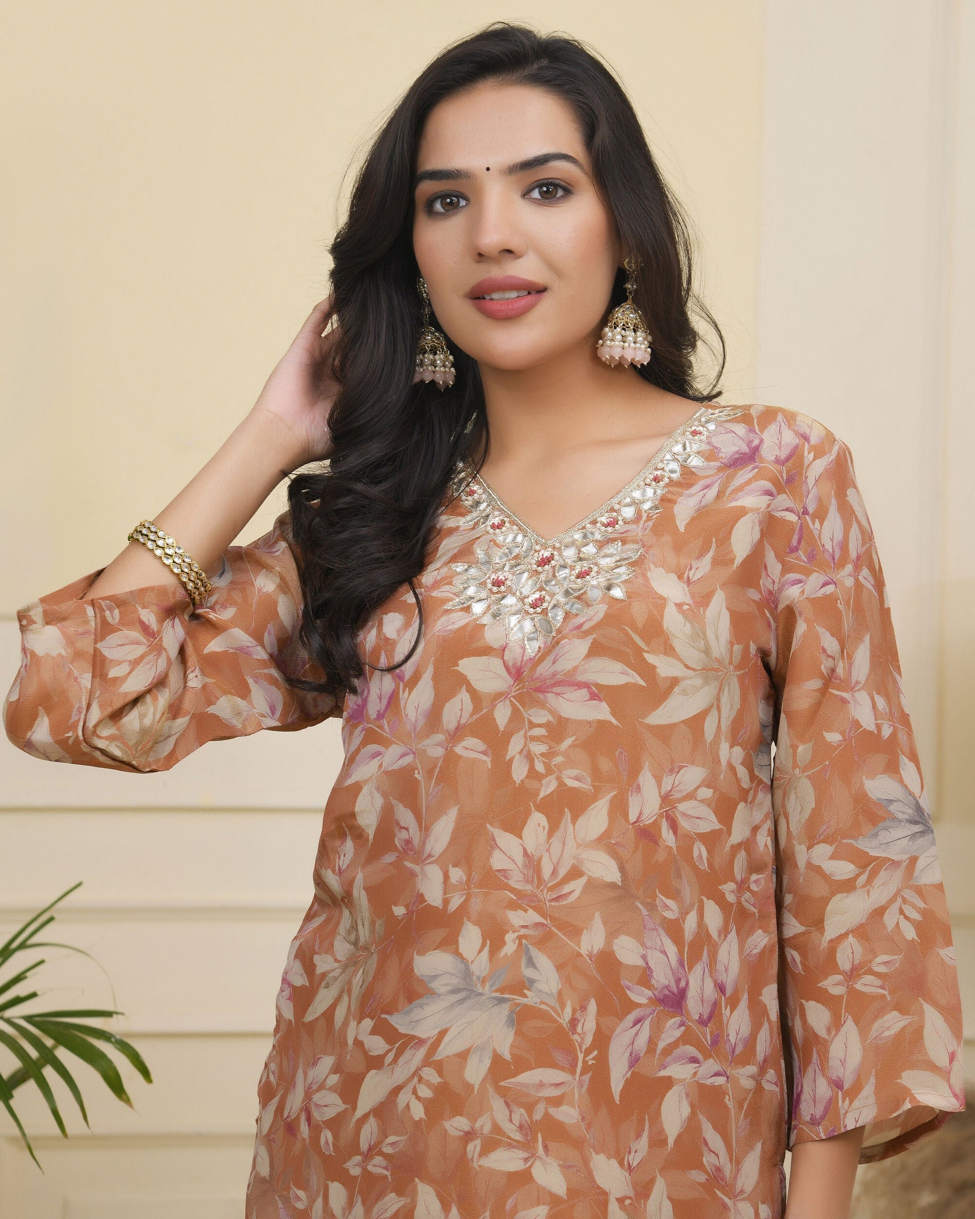 Vaasva Women Rust Tissue Shimmer Kurta With Silk Pant & Dupatta 