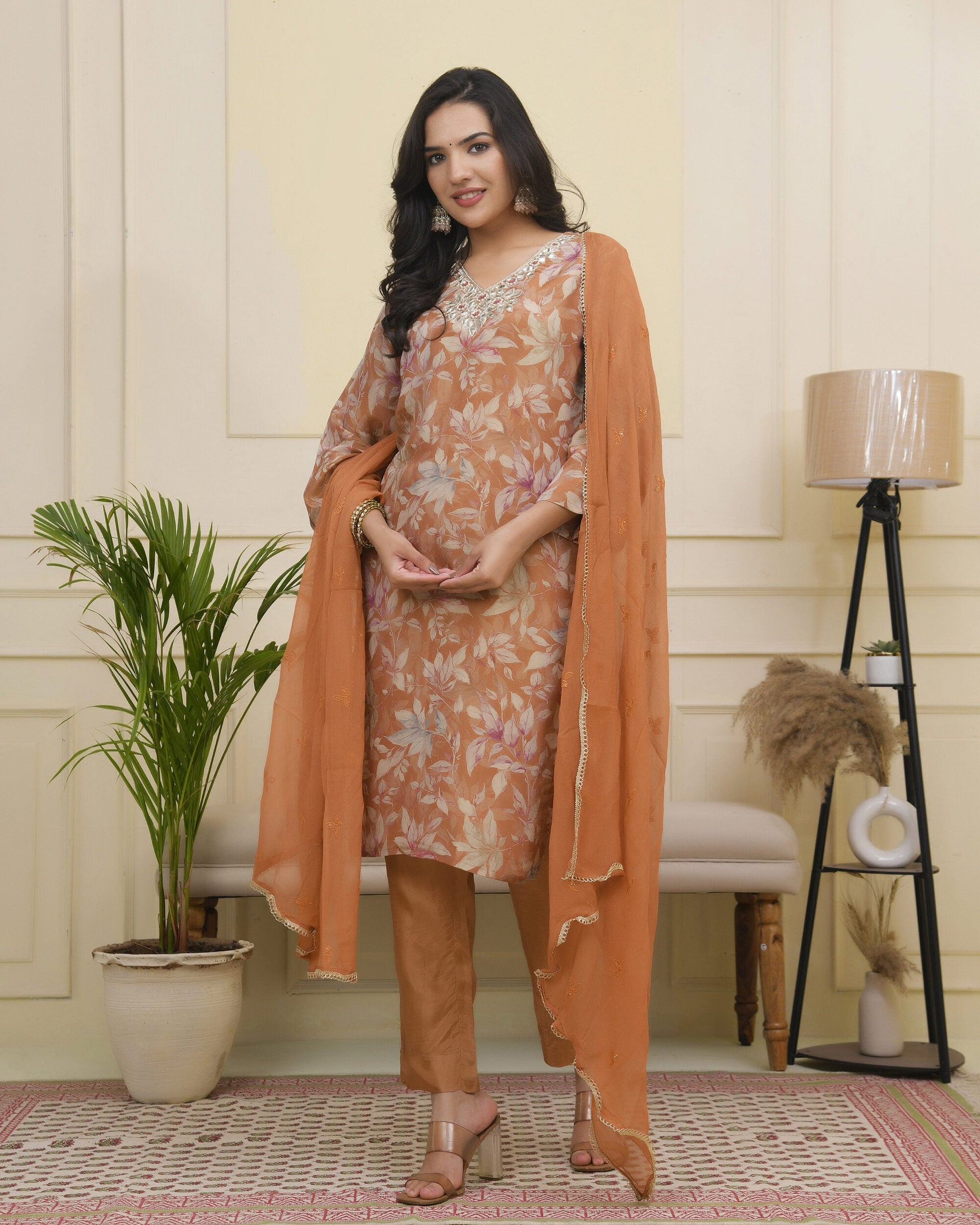 Vaasva Women Rust Tissue Shimmer Kurta With Silk Pant & Dupatta 