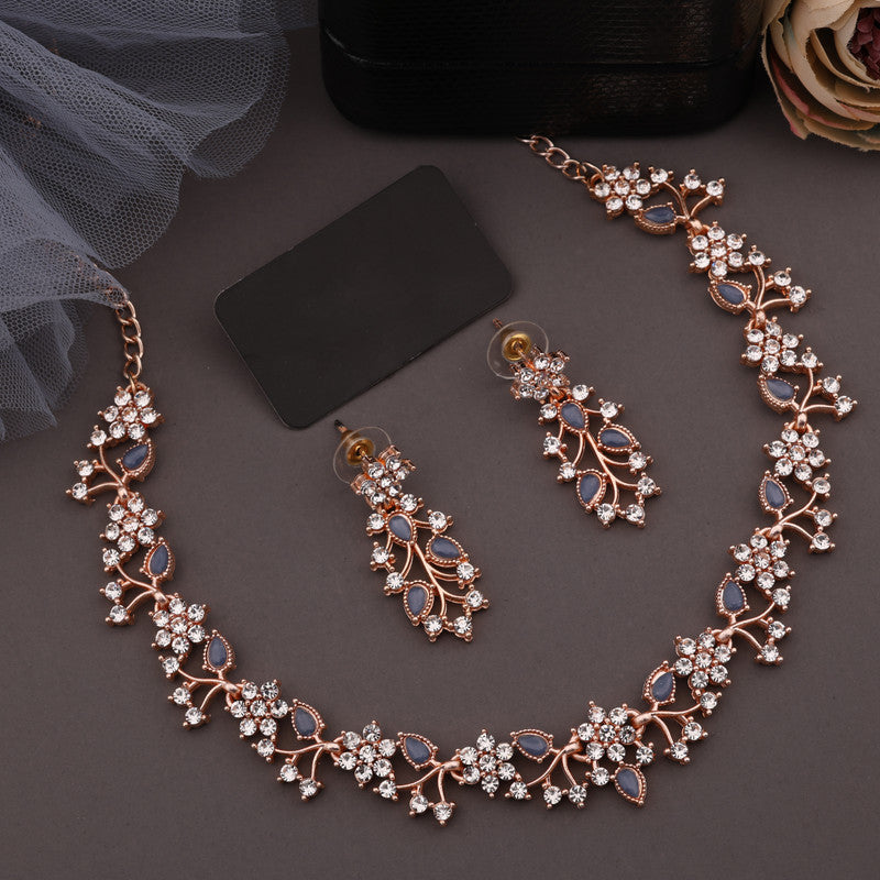 Tehzeeb Creations Rose Gold Pleated White Diamond With Blue Beads Necklace Set Tehzeeb Creations