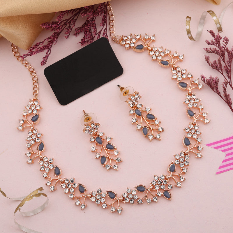 Tehzeeb Creations Rose Gold Pleated White Diamond With Blue Beads Necklace Set Tehzeeb Creations