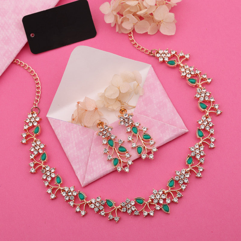Tehzeeb Creations Rose Gold Pleated White Diamond With Green Beads Necklace Set Tehzeeb Creations