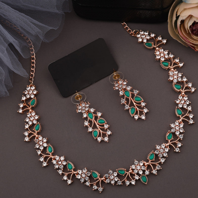 Tehzeeb Creations Rose Gold Pleated White Diamond With Green Beads Necklace Set Tehzeeb Creations