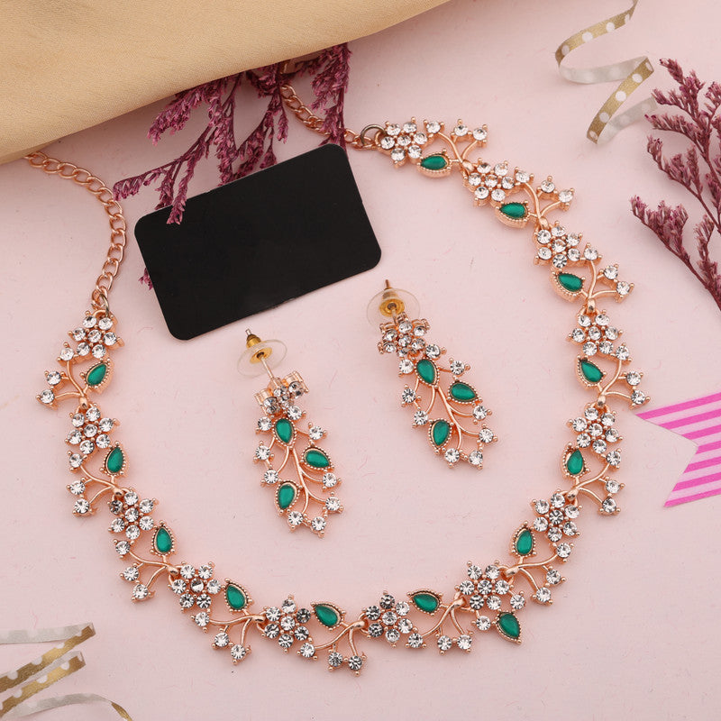 Tehzeeb Creations Rose Gold Pleated White Diamond With Green Beads Necklace Set Tehzeeb Creations