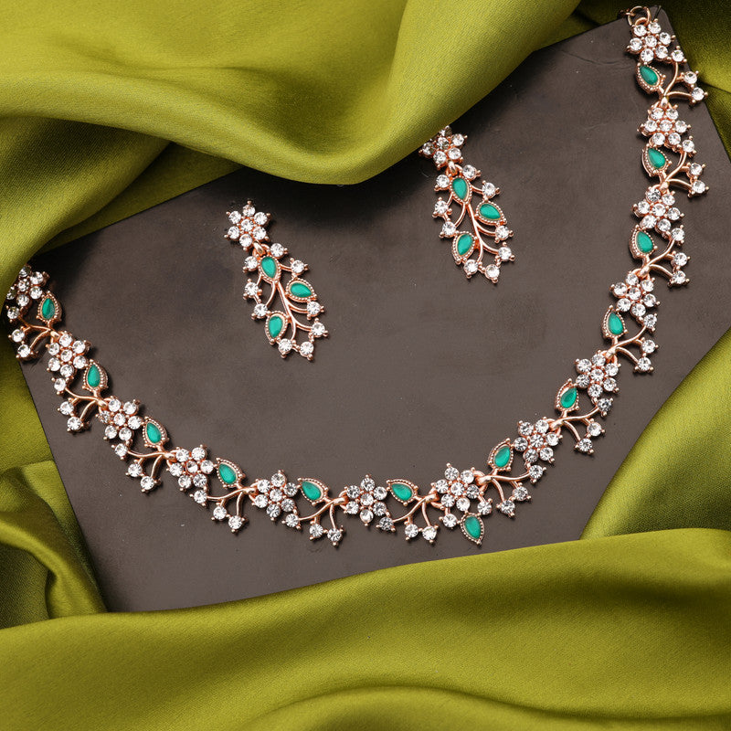 Tehzeeb Creations Rose Gold Pleated White Diamond With Green Beads Necklace Set Tehzeeb Creations