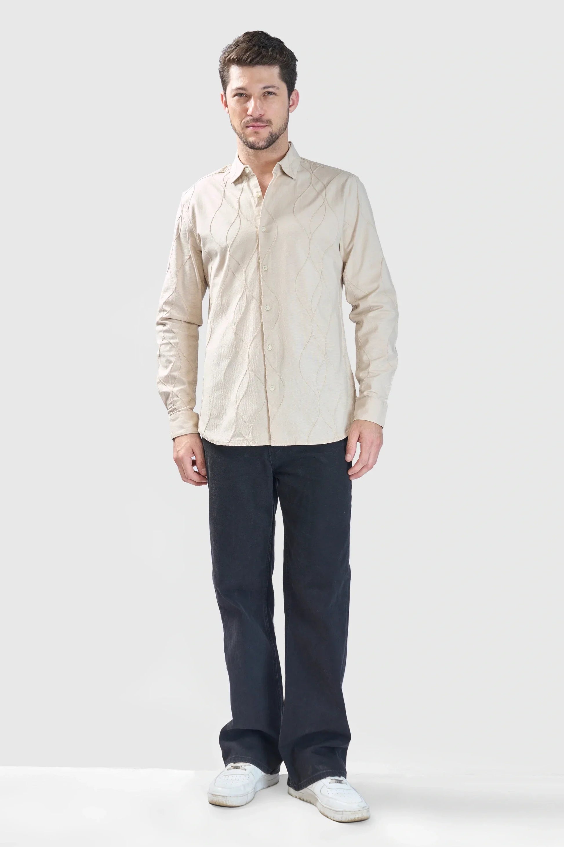 Xkind Beige Embroidery Full Sleeve Slim Fit Shirt  Grab2Buy Xkind Grab2Buy
