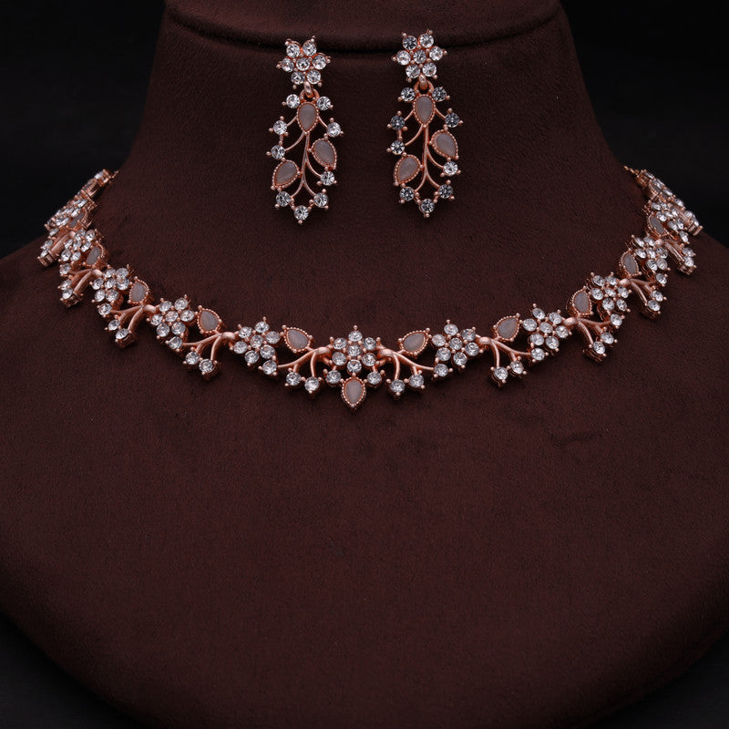 Tehzeeb Creations Rose Gold Pleated White Diamond With Gray Beads Necklace Set Tehzeeb Creations