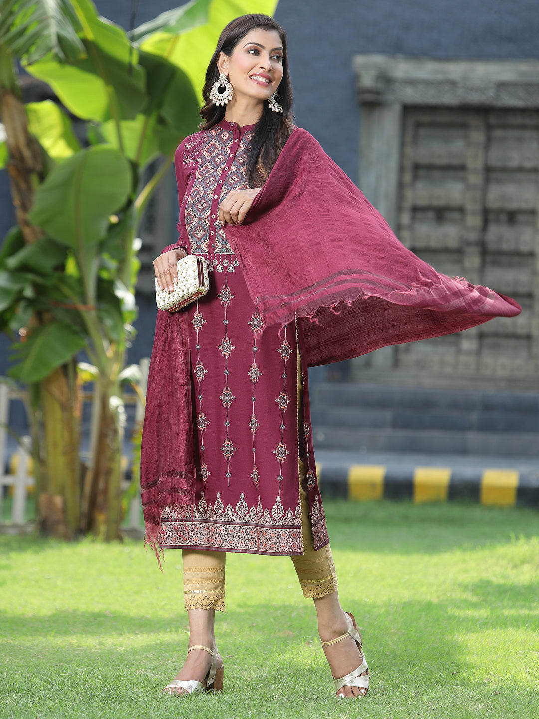 Juniper Womens Wine Rayon Foil Printed Kurta With Dupatta Set
