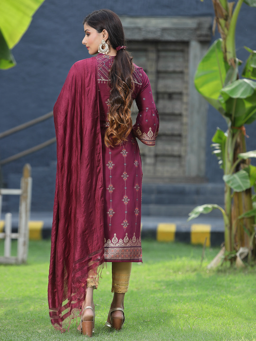 Juniper Womens Wine Rayon Foil Printed Kurta With Dupatta Set