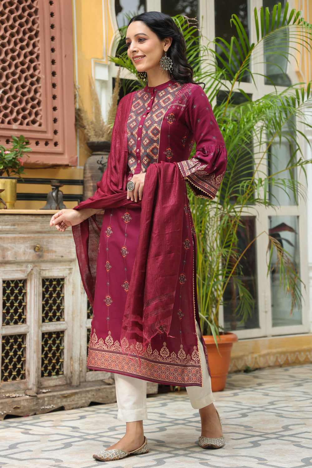 Juniper Women's Wine Rayon Printed Straight Kurta Dupatta Set