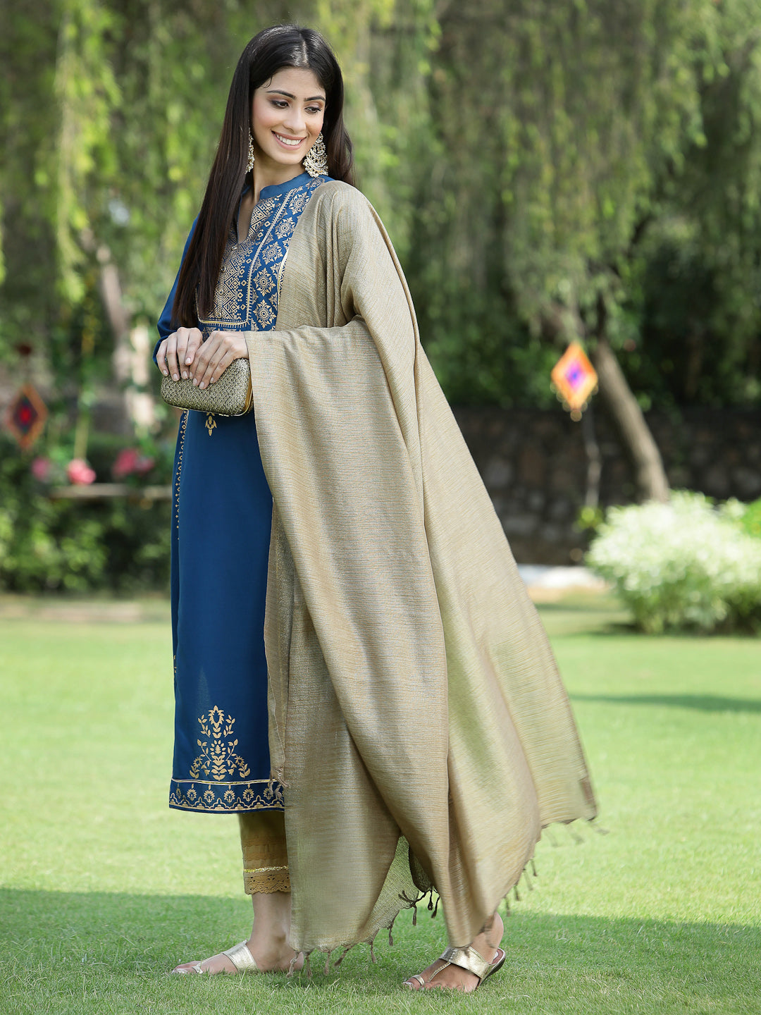 Juniper Womens Teal Rayon Foil Printed Kurta With Dupatta Set
