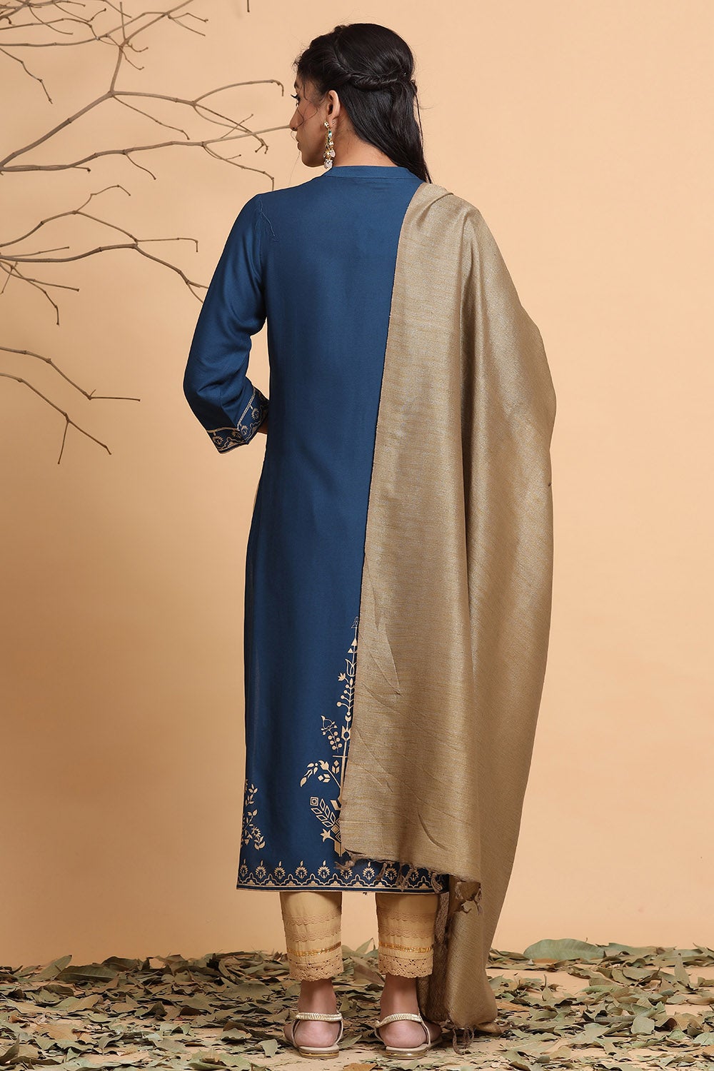 Juniper Women's Darkteal Rayon Printed Straight Kurta Dupatta Set