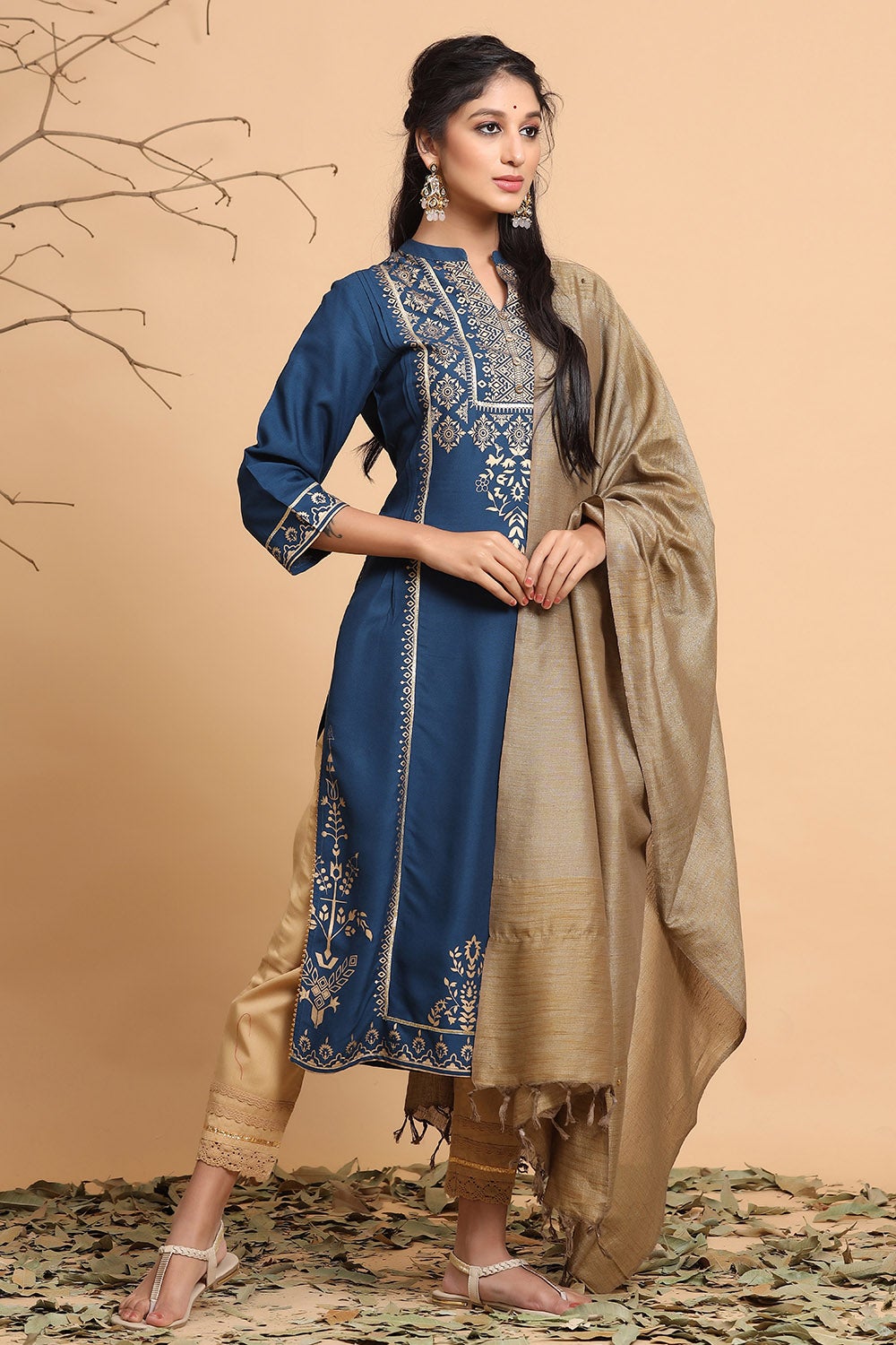 Juniper Women's Darkteal Rayon Printed Straight Kurta Dupatta Set