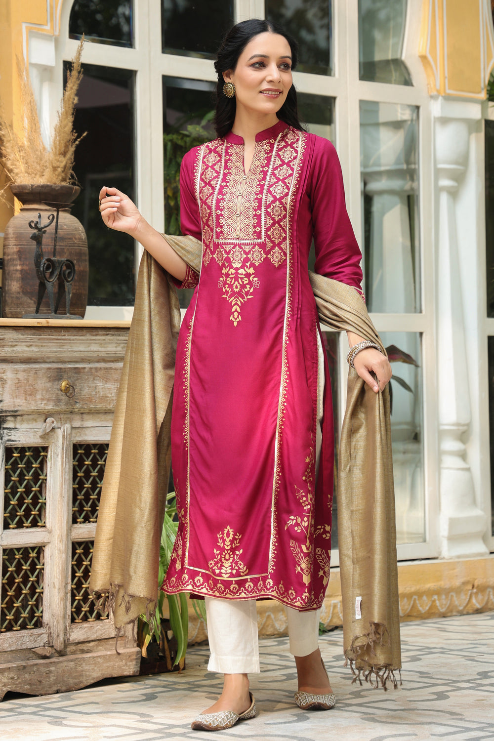 Juniper Women's Wine Rayon Printed Straight Kurta Dupatta Set